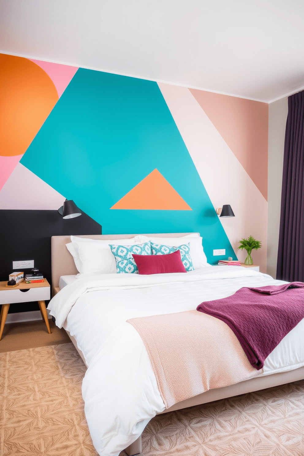 A contemporary bedroom featuring painted geometric patterns on the walls. The design showcases a mix of bold colors and soft pastels to create a modern and vibrant atmosphere.