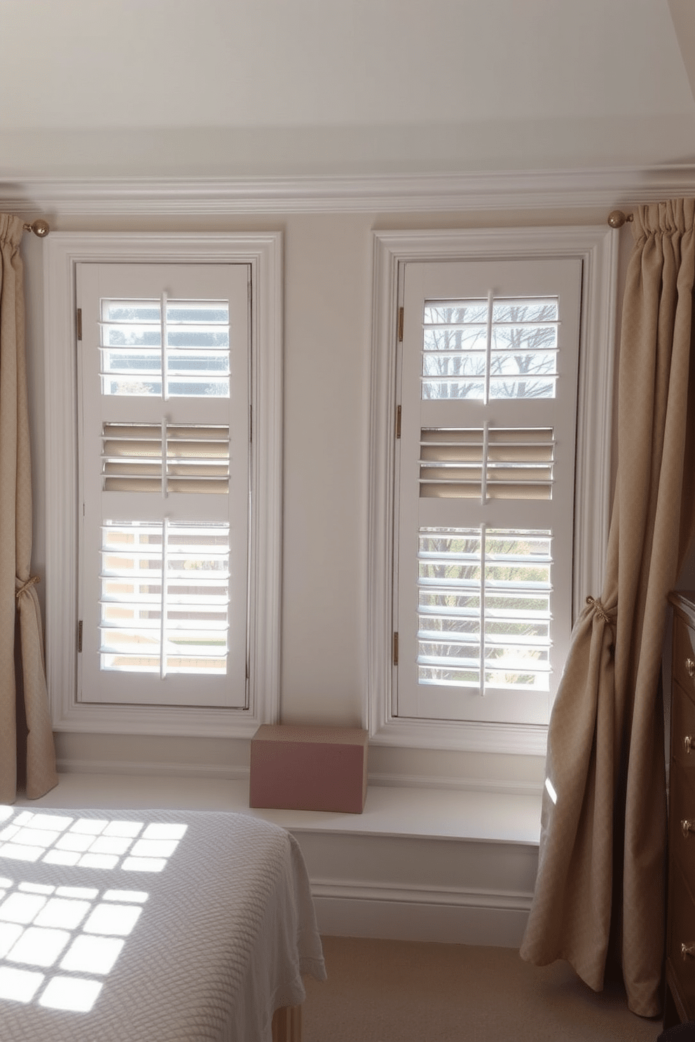 A cozy bedroom featuring large windows adorned with elegant wooden shutters that provide both charm and functionality. The shutters are painted in a soft white, complementing the light pastel color scheme of the room. The windows allow ample natural light to flood the space, enhancing the warm ambiance. Plush curtains in a complementary fabric frame the windows, adding texture and depth to the overall design.