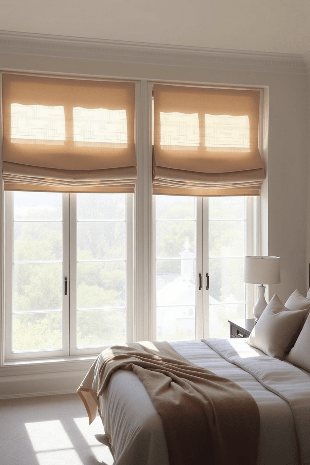 A serene bedroom featuring large windows adorned with soft Roman shades that cascade elegantly to the floor. The shades are in a light, neutral fabric, allowing gentle sunlight to filter through and create a warm atmosphere. The room is styled with a plush bed dressed in luxurious linens and a cozy throw at the foot. A bedside table holds a minimalist lamp, complementing the overall aesthetic of refined simplicity.