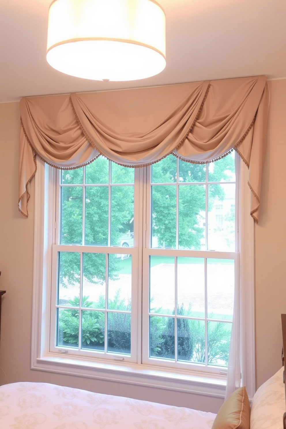 A cozy bedroom featuring elegant decorative valances that complement the overall color scheme. The valances are made of soft fabric, cascading gracefully from the top of the window, adding a touch of sophistication to the space. The window design includes large, airy panes that allow natural light to flood the room. Surrounding the window, the valances frame the view beautifully, enhancing the inviting atmosphere of the bedroom.