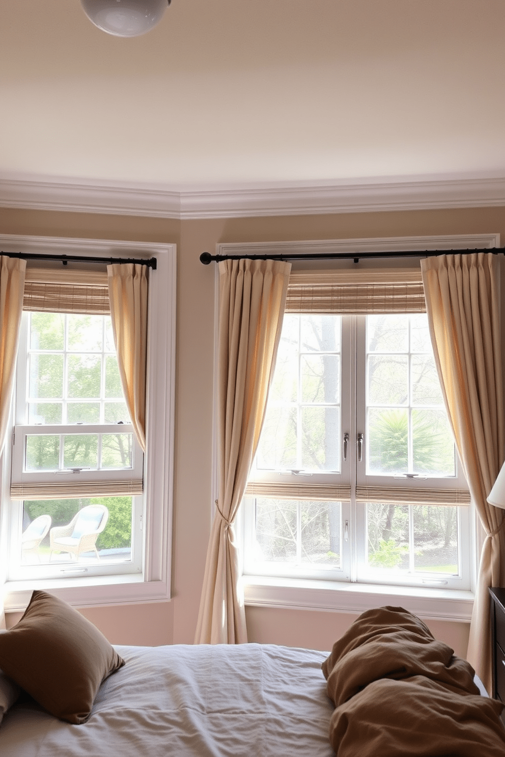 A cozy bedroom featuring double-hung windows that provide a traditional aesthetic. The windows are framed with elegant white trim and adorned with soft, flowing curtains in a light fabric.