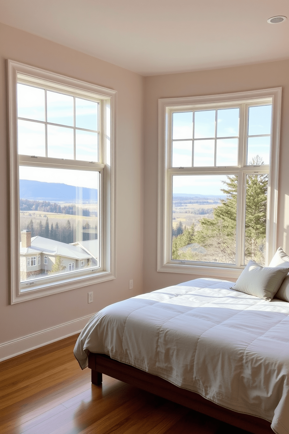 A cozy bedroom featuring corner windows that allow natural light to flood the space. The windows frame a picturesque view of the surrounding landscape, creating a serene atmosphere. The walls are painted in soft neutral tones, complementing the warm wooden flooring. A plush bed adorned with inviting linens sits beneath the windows, enhancing the room's comfort and style.