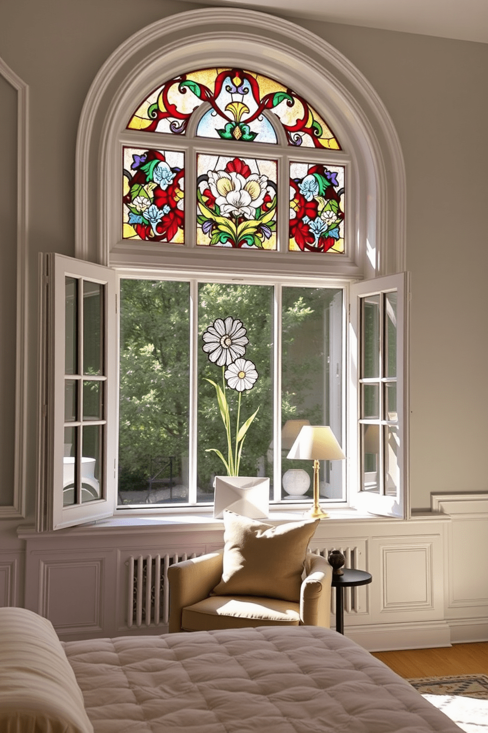 A serene bedroom featuring a large window adorned with intricate stained glass accents that cast colorful light across the room. The window frame is painted white, complementing the soft pastel color palette of the walls and furnishings. Beneath the window, a cozy reading nook is created with a plush armchair and a small side table. The stained glass design incorporates floral motifs that harmonize with the overall decor, adding an artistic touch to the space.