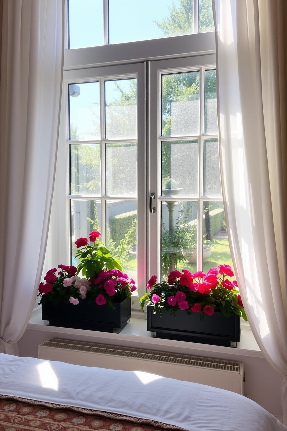 A serene bedroom setting featuring large window boxes filled with vibrant flowering plants that add a splash of color. The windows are adorned with sheer white curtains that gently filter the sunlight, creating a warm and inviting atmosphere.