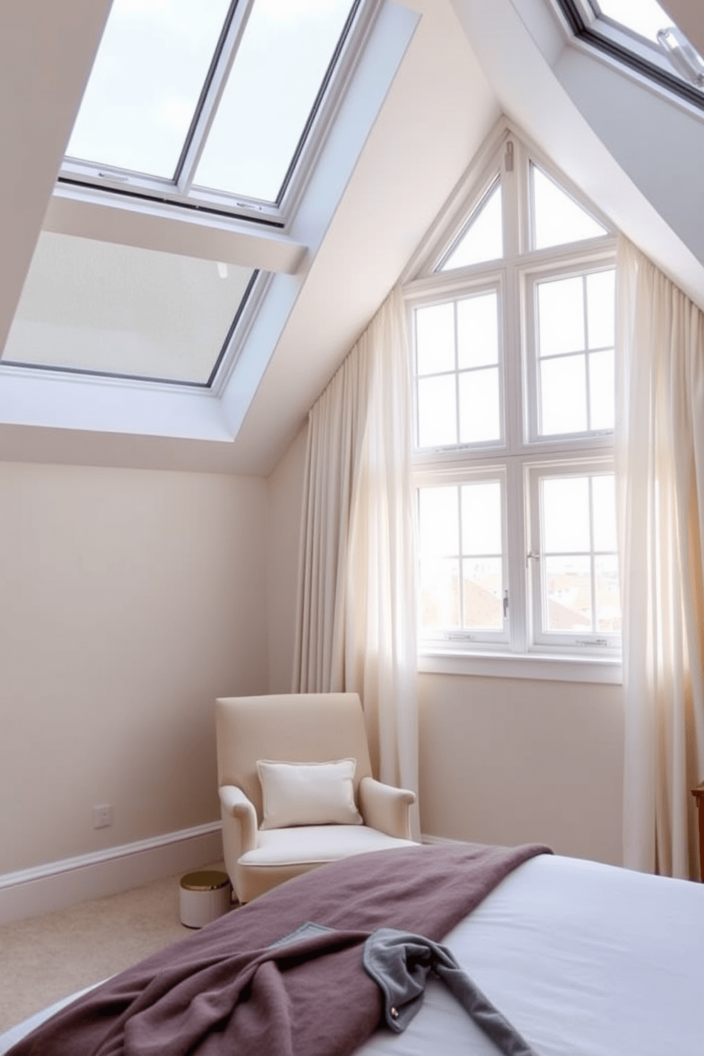 A bright and airy bedroom featuring large skylights that flood the room with natural light. The skylights are framed with white wood trim, complementing the soft pastel color palette of the walls. The room includes a cozy reading nook by the window, with a plush armchair and a small side table. Elegant sheer curtains frame the window, allowing gentle light to filter through while maintaining privacy.