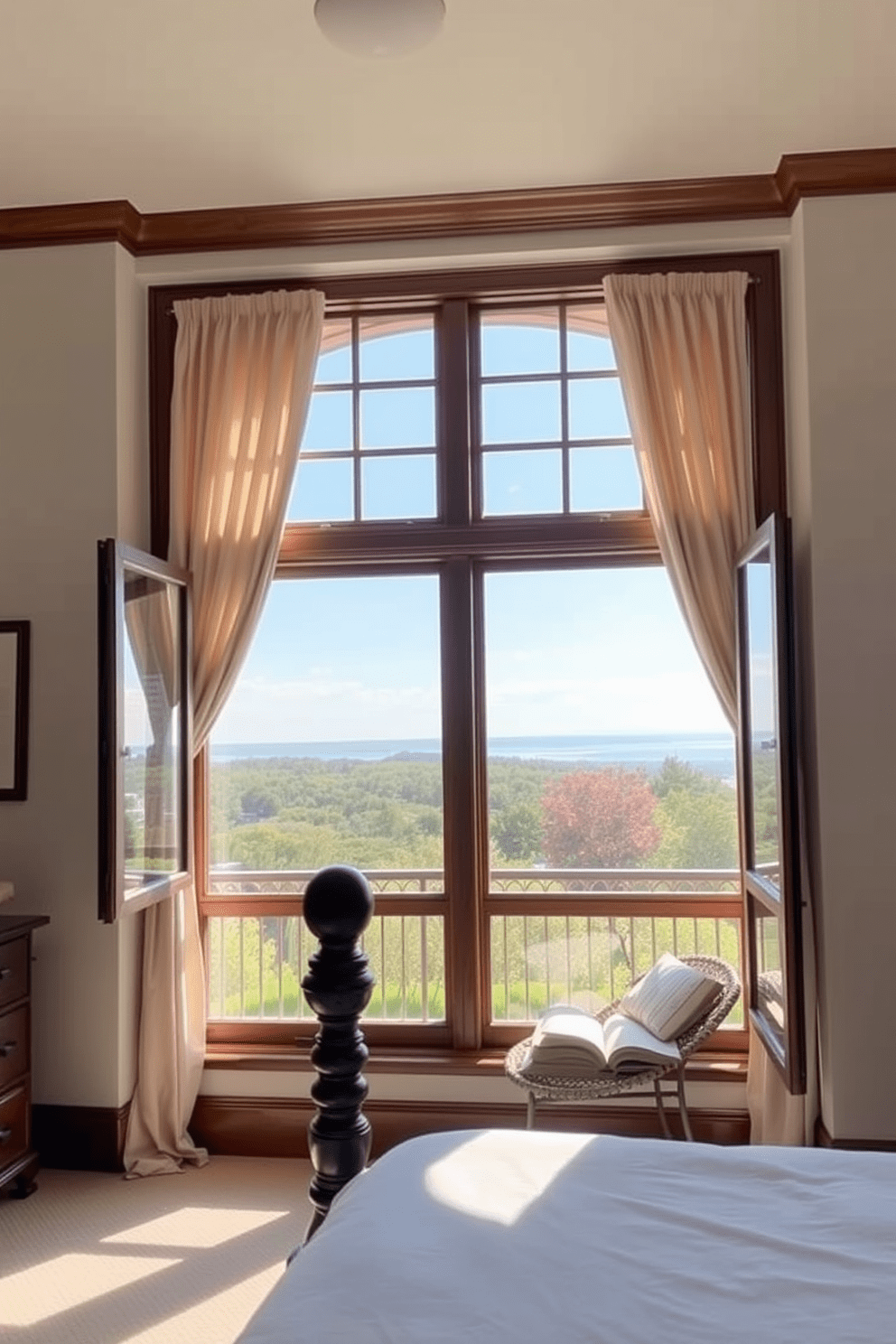 A serene bedroom featuring large casement windows that open wide to allow fresh air and natural light. The windows are adorned with soft, flowing curtains in a light fabric that gently frame the view outside. The window design incorporates elegant wooden trim that complements the room's overall aesthetic. A cozy reading nook is positioned nearby, inviting relaxation and enjoyment of the beautiful outdoor scenery.