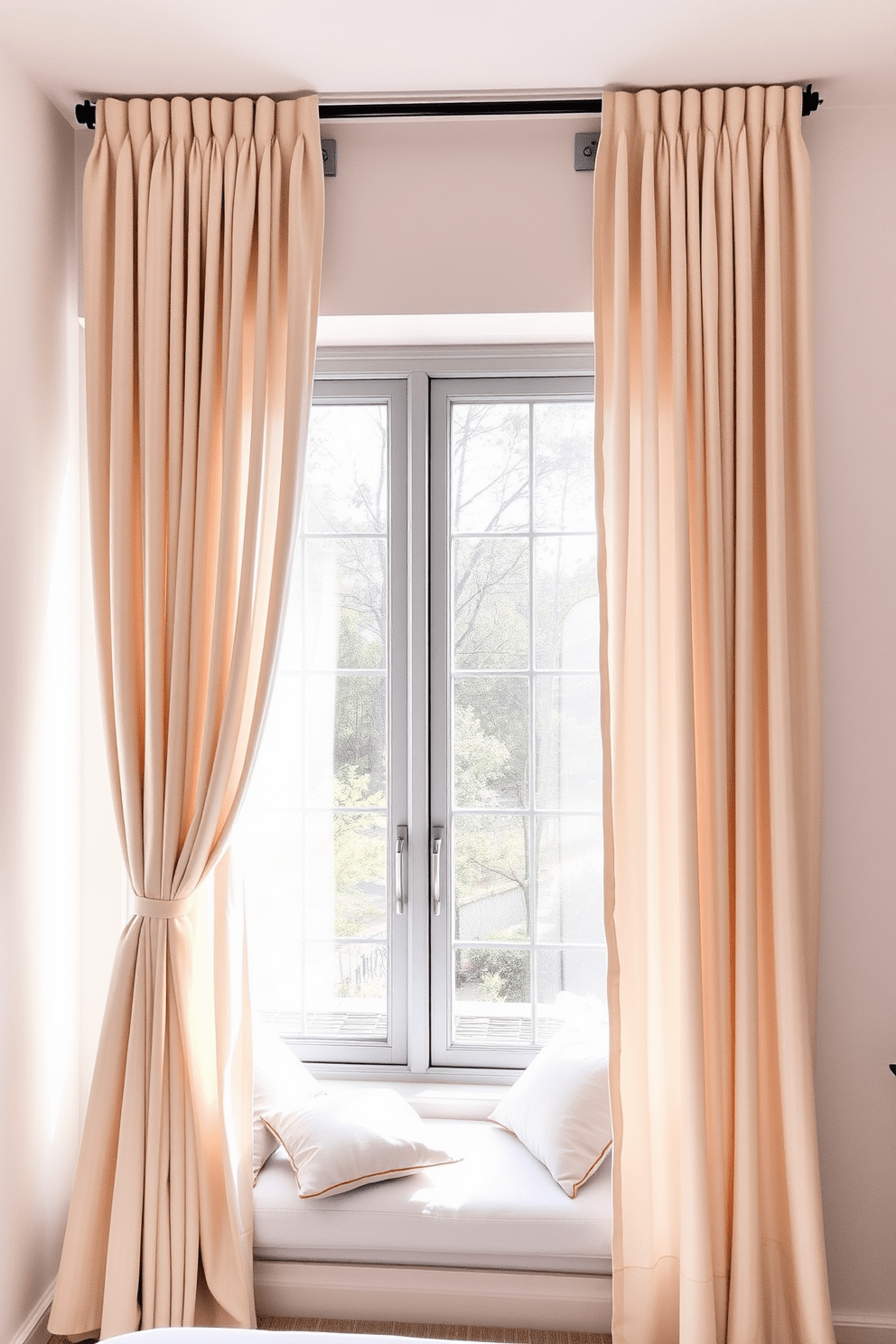 A serene bedroom setting featuring floor-to-ceiling curtains that gracefully frame a large window. The curtains are made of a soft, flowing fabric in a light neutral color, allowing natural light to filter gently into the room. The window design incorporates a sleek, minimalist frame that complements the overall decor. A cozy window seat adorned with plush cushions sits beneath the window, inviting relaxation and contemplation.