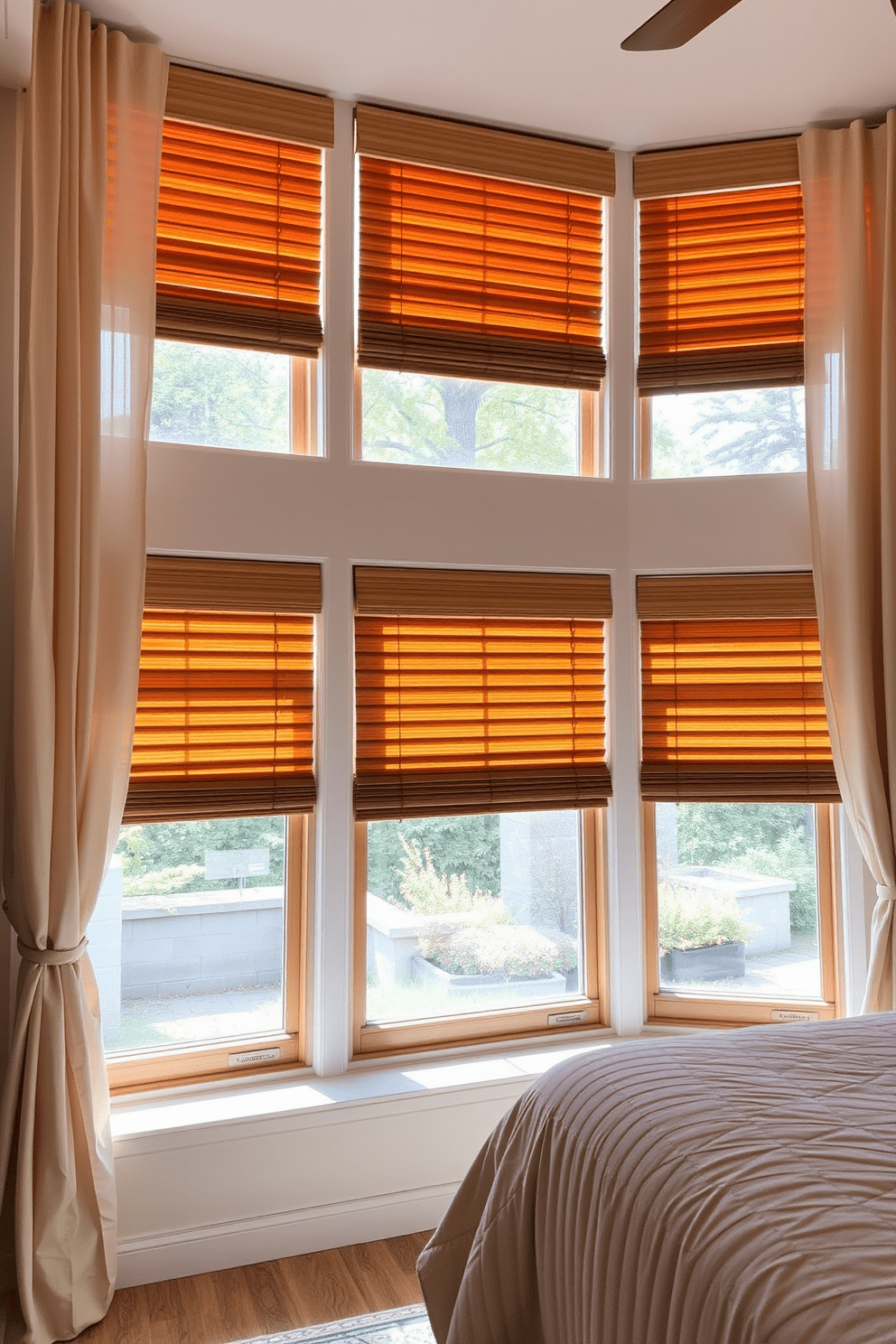 A cozy bedroom featuring large windows adorned with wooden blinds that add warmth and texture. The blinds are complemented by soft, flowing curtains in a neutral tone, creating an inviting atmosphere.