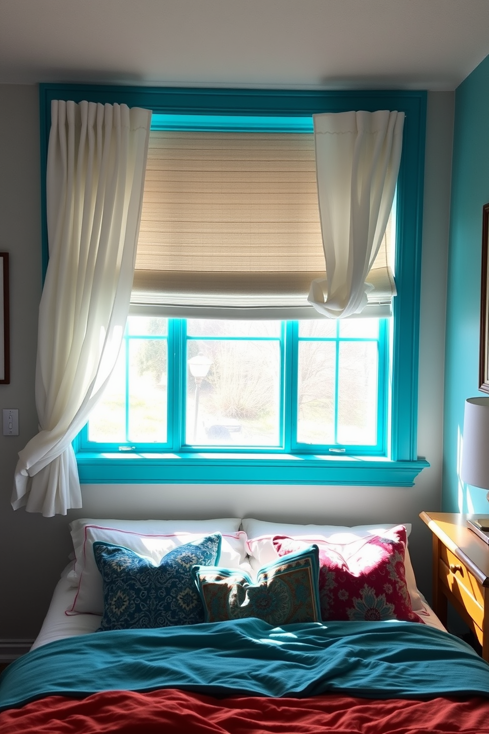 Colorful window frames add a vibrant touch to any bedroom. Imagine a cozy space where the window frames are painted in a bright turquoise, complementing soft white curtains that flutter gently in the breeze. The natural light pours in, illuminating the room with a cheerful glow. A plush bed adorned with colorful throw pillows sits beneath the window, creating an inviting atmosphere perfect for relaxation.