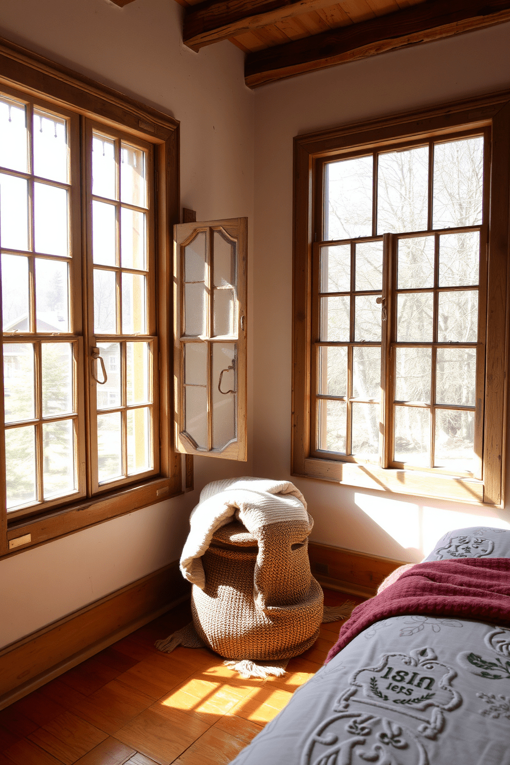 A cozy bedroom featuring vintage windows that enhance the rustic charm of the space. The windows are framed with distressed wood, allowing natural light to filter softly into the room, highlighting the warm tones of the wooden floor and the inviting textiles.