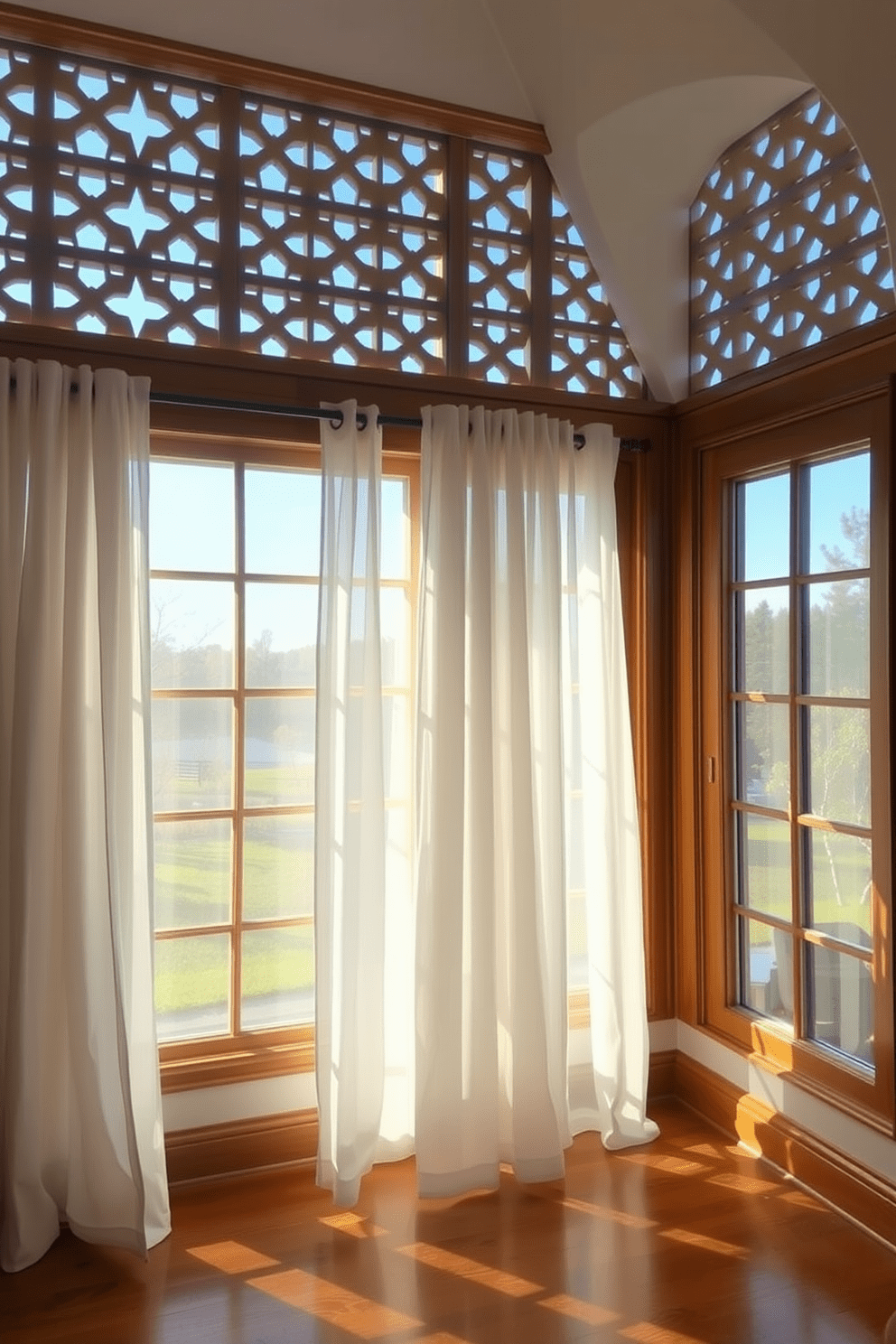 A serene bedroom featuring large windows adorned with intricate lattice patterns. The soft morning light filters through, casting delicate shadows on the hardwood floor. The windows are framed in a warm wood finish, complementing the cozy atmosphere of the room. Sheer white curtains gently billow with the breeze, adding a touch of elegance to the design.