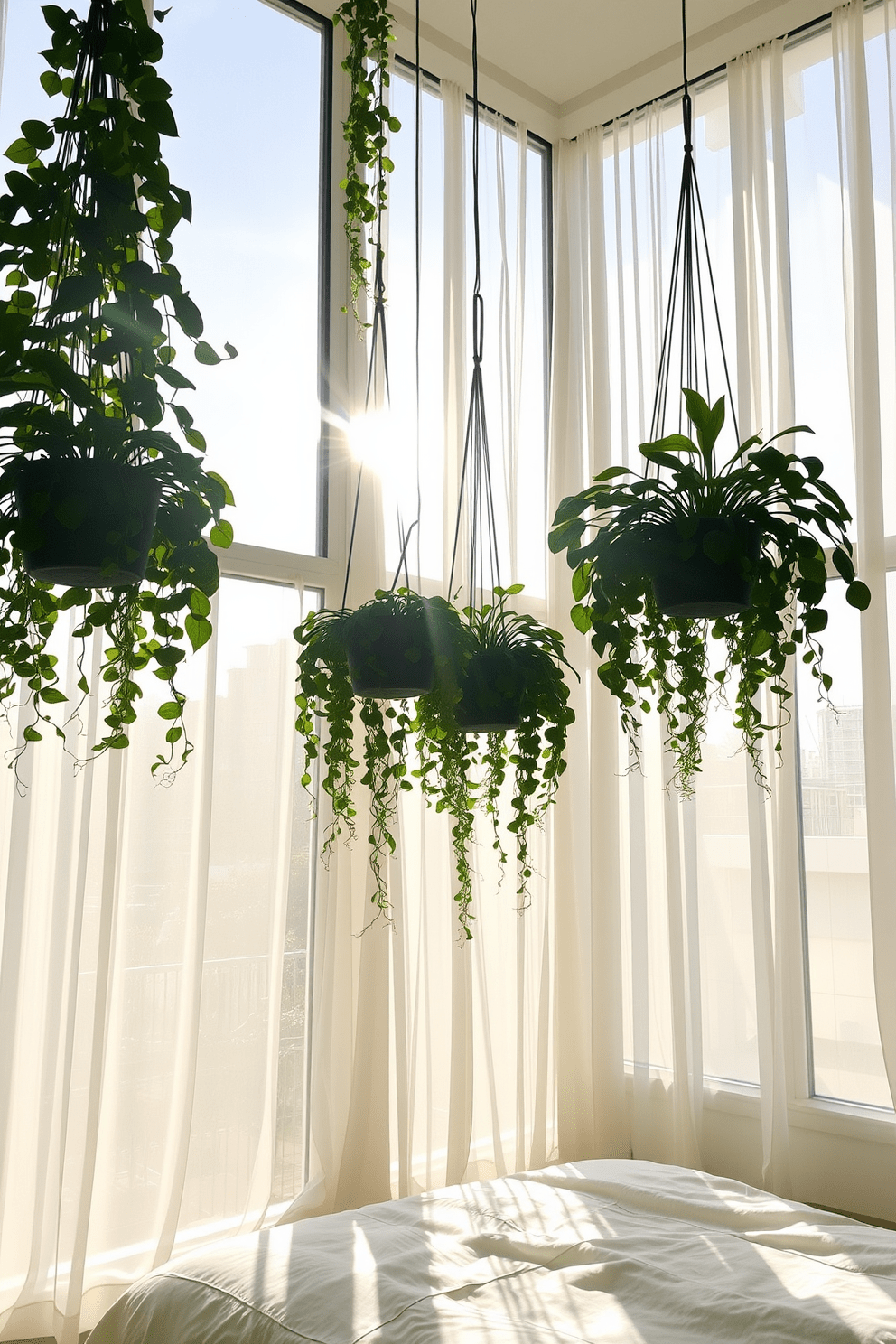 Hanging plants are suspended near large windows, creating a vibrant and lush atmosphere. Sunlight filters through the leaves, casting playful shadows on the walls and floor. The bedroom features oversized windows that allow natural light to flood the space. Sheer curtains flutter gently in the breeze, adding a soft and airy feel to the room.