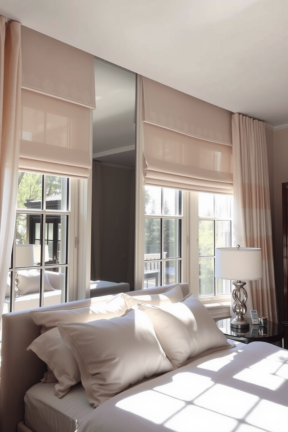 A serene bedroom featuring mirrored window treatments that enhance light reflection. The windows are adorned with elegant sheer drapes that shimmer softly in the sunlight, creating an airy atmosphere. The bed is positioned to take advantage of the natural light, with plush bedding in soft pastel tones. A stylish bedside table holds a decorative lamp that complements the reflective surfaces, adding a touch of sophistication.