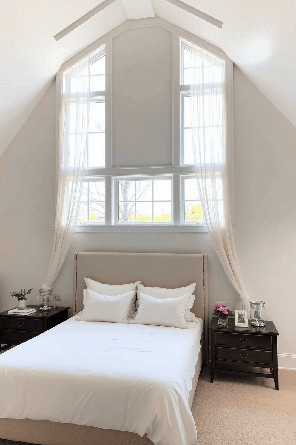 A serene bedroom featuring a large bed with plush bedding positioned against a feature wall. Above the bed, elegant transom windows allow natural light to flood the space, enhancing the overall ambiance. The windows are framed in white wood, complementing the soft color palette of the room. Sheer curtains drape gracefully from the transom windows, adding a touch of softness and elegance to the design.