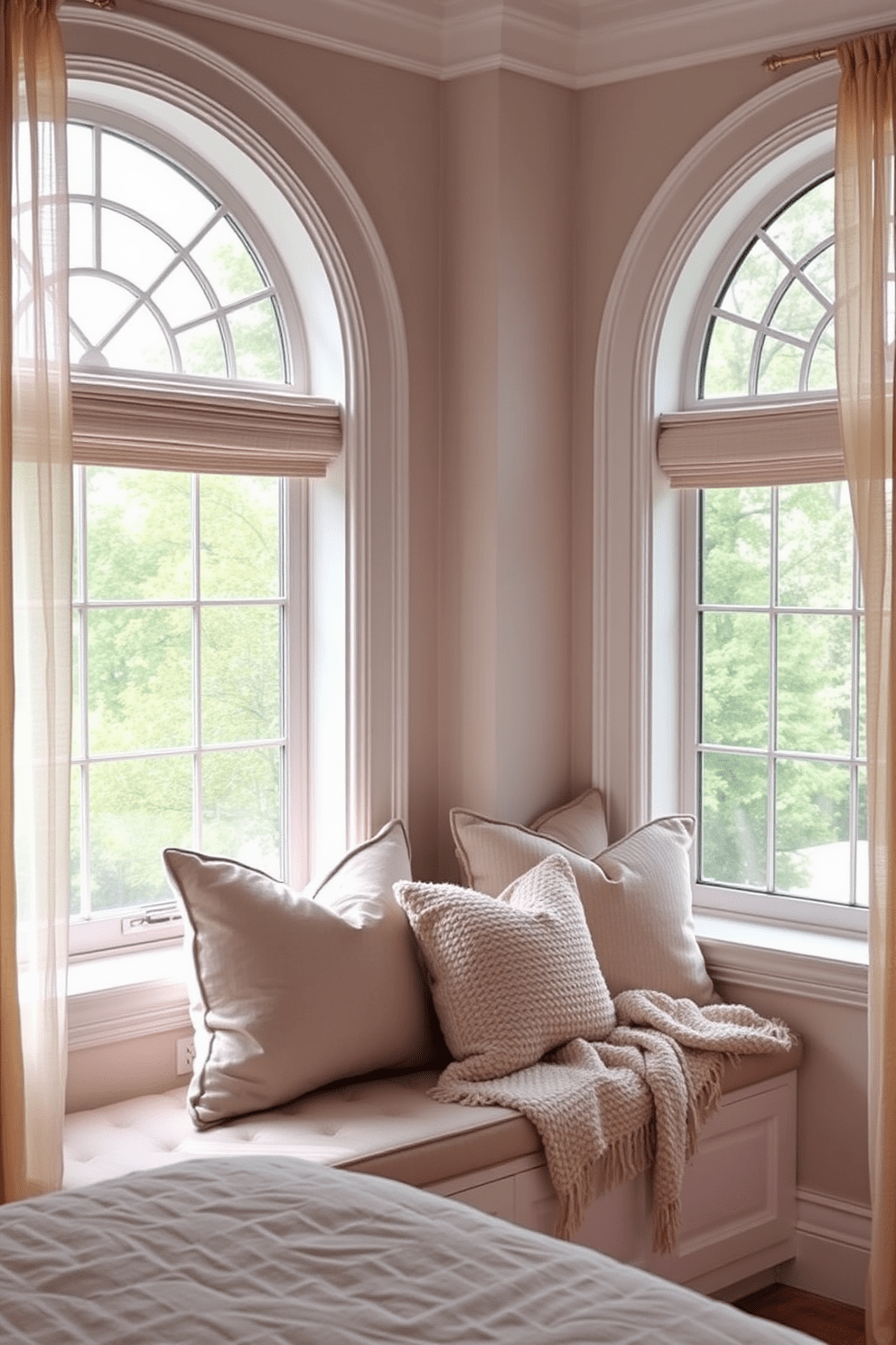 A cozy reading nook is created with bay windows that allow natural light to flood the space. Plush cushions and a soft throw blanket adorn the window seat, inviting relaxation and comfort. The bedroom features elegant window designs that enhance the overall aesthetic. Sheer curtains frame the bay windows, providing a light and airy feel while maintaining privacy.