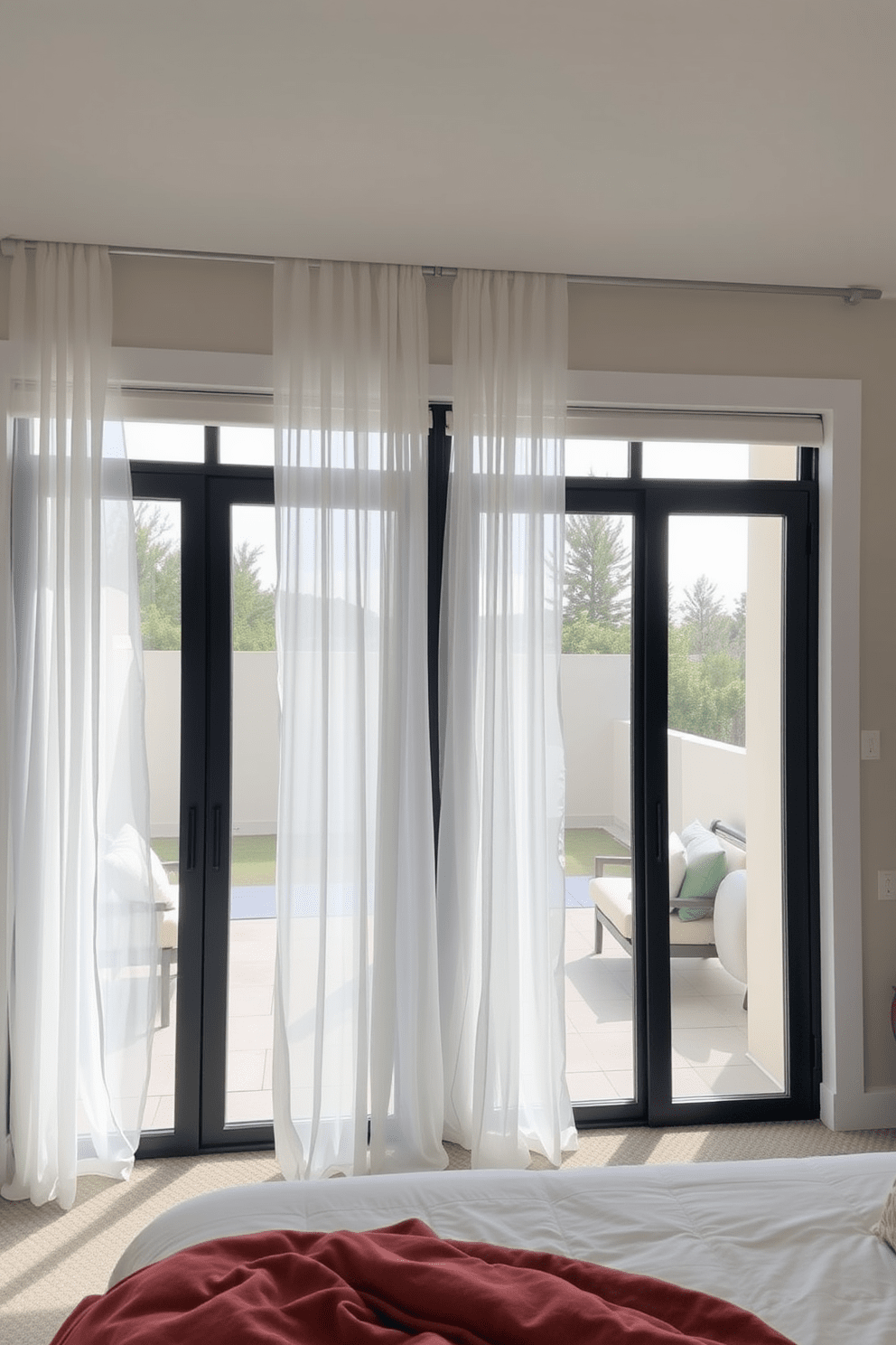 A serene bedroom featuring large sliding glass doors that open to a private outdoor terrace. The doors are framed by sheer white curtains that gently billow with the breeze, creating a light and airy atmosphere. The windows are designed with a modern aesthetic, featuring sleek black frames that contrast beautifully with the soft pastel walls. Each window is adorned with minimalistic blinds that allow for privacy while still letting in ample natural light.