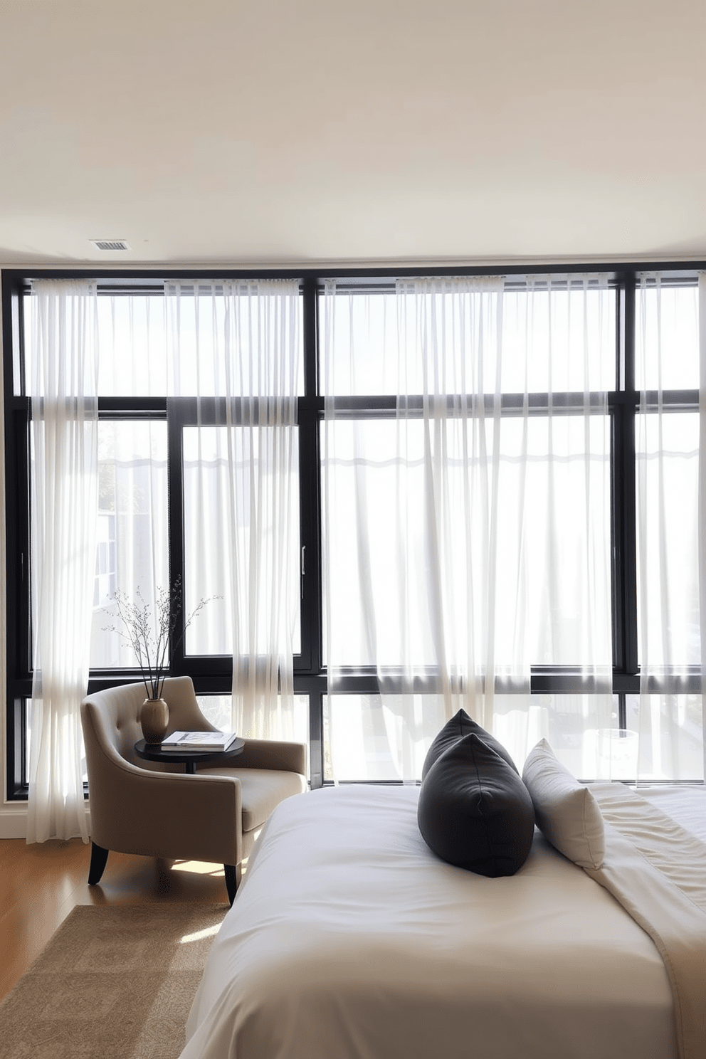 A modern bedroom featuring black framed windows that provide a striking contrast against the soft, neutral wall colors. The windows are large and allow ample natural light to fill the space, enhancing the overall ambiance of the room. The window treatments are sleek and minimalistic, with sheer white curtains that softly diffuse the light. A cozy reading nook is positioned near the window, complete with a plush armchair and a small side table for added comfort.