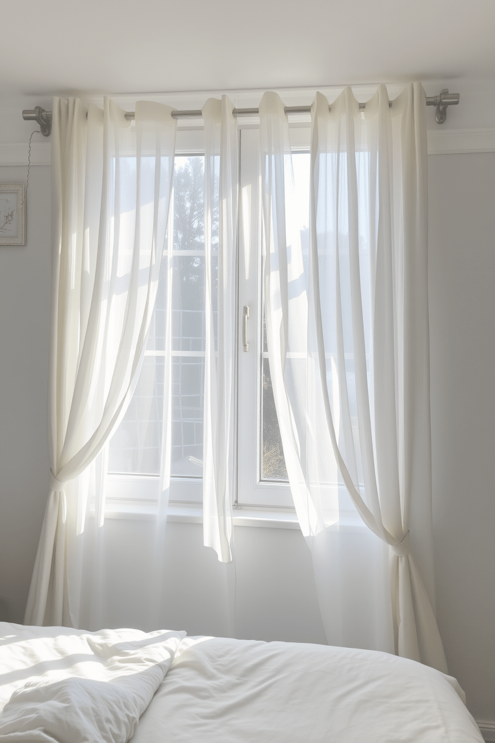 A serene bedroom window adorned with sheer curtains that gently filter soft natural light into the space. The curtains are elegantly draped, creating a light and airy atmosphere that enhances the room's tranquility.