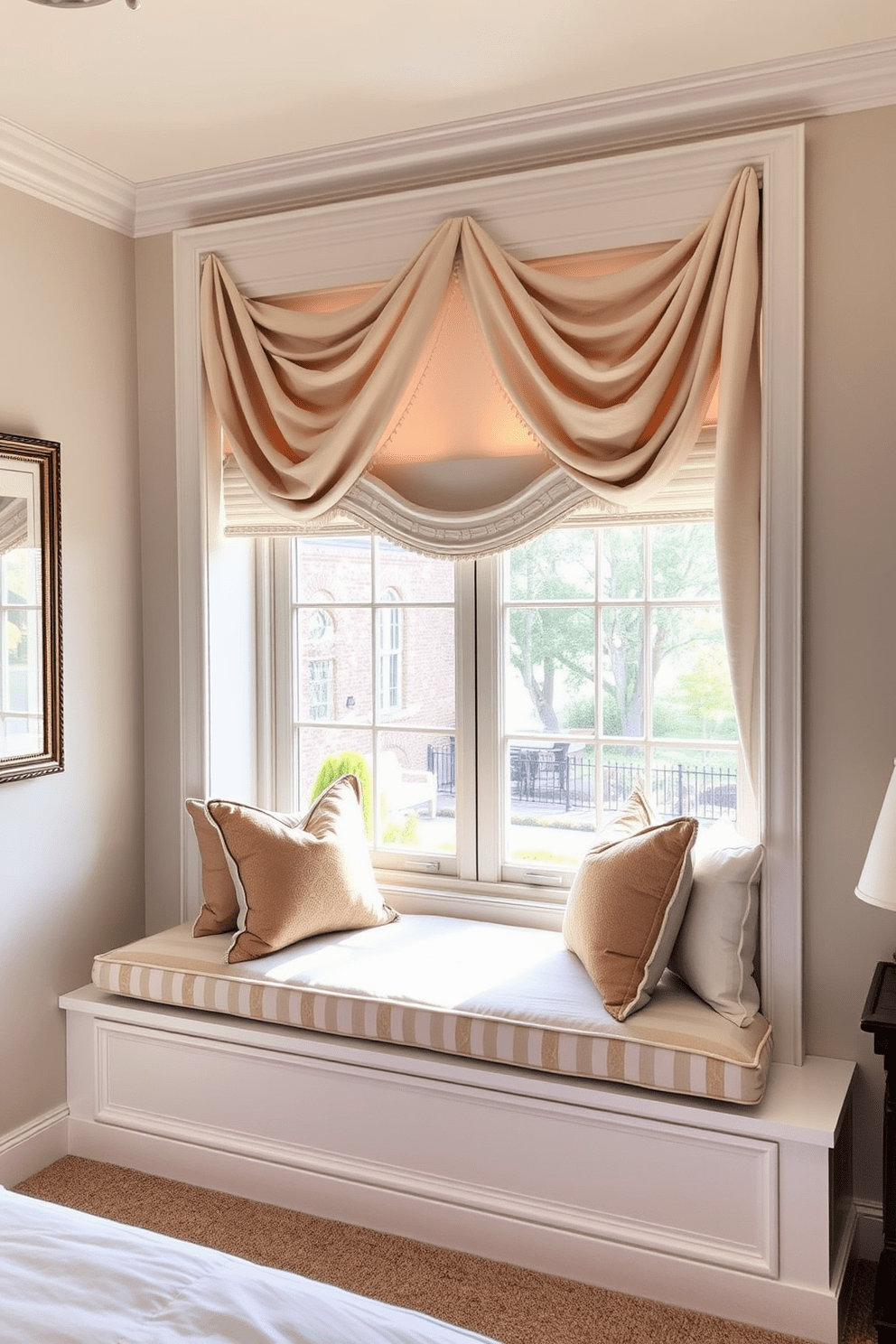 A cozy window seat adorned with plush cushions invites relaxation and warmth. The surrounding walls are painted in soft pastel shades, creating a serene atmosphere in the bedroom. Natural light pours in through large windows, highlighting the elegant drapery that frames the view. Decorative throw pillows in coordinating colors add a touch of style and comfort to the inviting space.