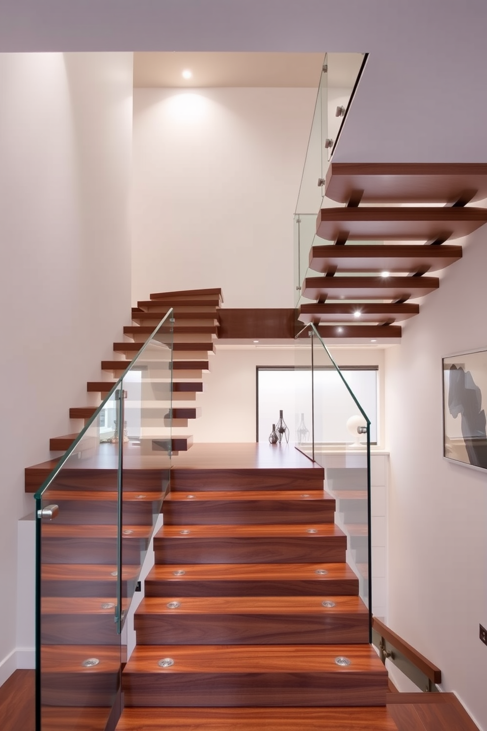 A stunning staircase features floating steps made of rich hardwood, creating a sleek and modern look. The steps are complemented by a transparent glass railing that enhances the open feel of the space. The staircase is illuminated by recessed lighting embedded in the ceiling, casting a warm glow on the steps. The surrounding walls are adorned with minimalist art pieces, adding a touch of elegance to the design.