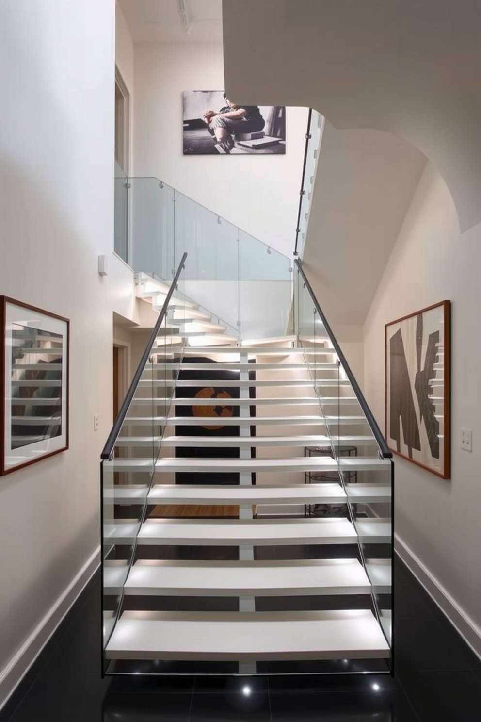 A contemporary staircase with a cantilevered design features sleek lines and a minimalist aesthetic. The treads appear to float, creating an open and airy feel, while the railing is made of glass for an unobstructed view. The staircase is illuminated by strategically placed LED lights that highlight its unique structure. Surrounding the staircase, the walls are adorned with modern art, enhancing the overall sophistication of the space.