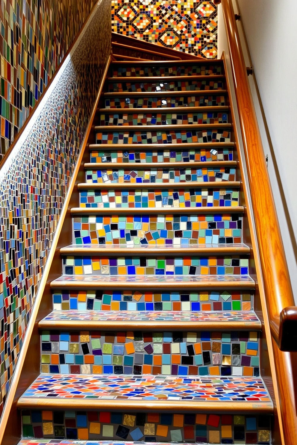 Artistic staircase featuring mosaic tiles. The staircase is adorned with vibrant mosaic tiles in various colors, creating a stunning visual impact. The handrail is crafted from polished wood, complementing the intricate tile work. Soft lighting illuminates the staircase, enhancing the artistic details and inviting a sense of warmth.