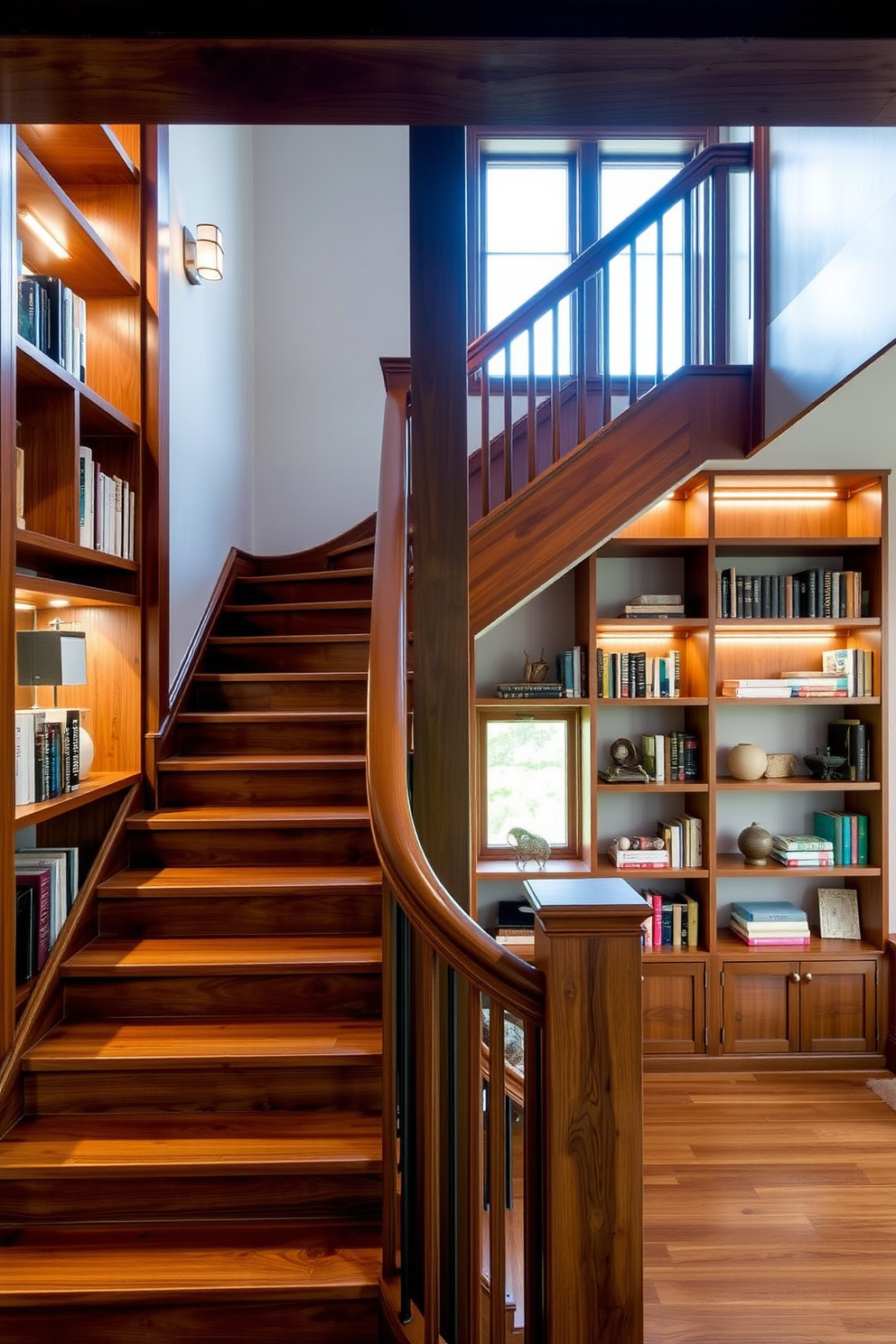 A stunning staircase with integrated bookshelves seamlessly blends functionality and style. The wooden staircase features open risers, allowing natural light to flow through, while the bookshelves are built into the wall, showcasing a curated collection of books and decorative items. The design incorporates elegant lighting fixtures that highlight the staircase's architectural details. Rich, warm tones in the wood and a neutral color palette create a welcoming atmosphere that invites exploration.