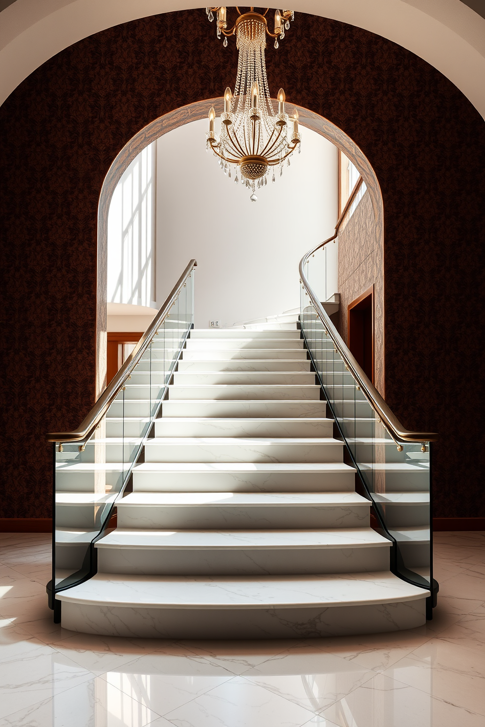 A luxury staircase featuring elegant marble treads that reflect natural light beautifully. The staircase is framed by a sleek glass balustrade, creating an open and airy feel in the entryway. The walls are adorned with rich wallpaper, adding depth and sophistication to the space. A stunning chandelier hangs above, casting a warm glow and enhancing the luxurious atmosphere.