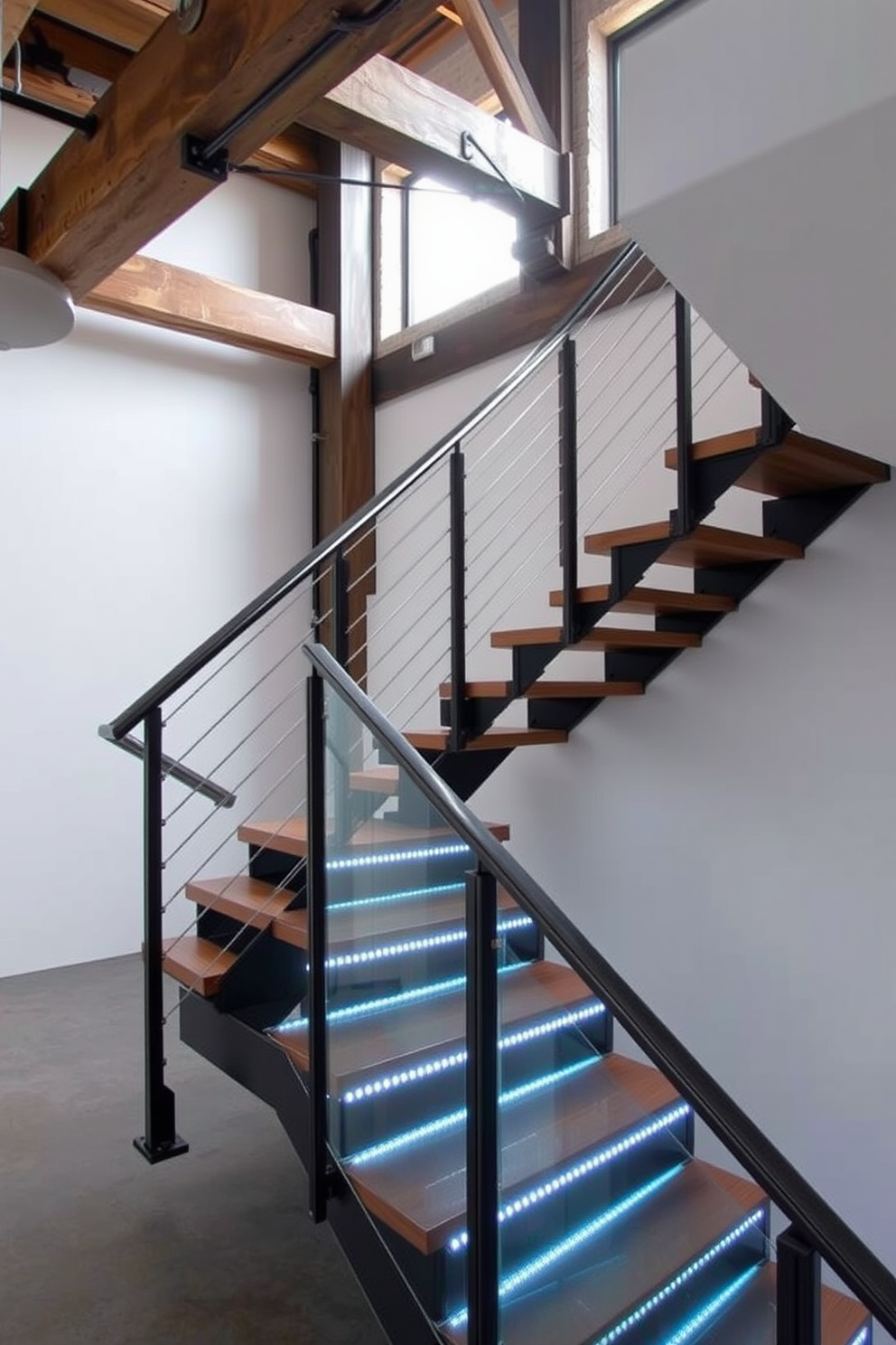 An industrial staircase with exposed beams showcases a blend of raw materials and modern aesthetics. The staircase features a sleek metal railing and wooden treads that add warmth to the industrial vibe. Bespoke staircase design ideas include a floating staircase with glass panels that enhance the sense of space. Incorporating LED lighting along the steps creates a striking visual effect while ensuring safety.