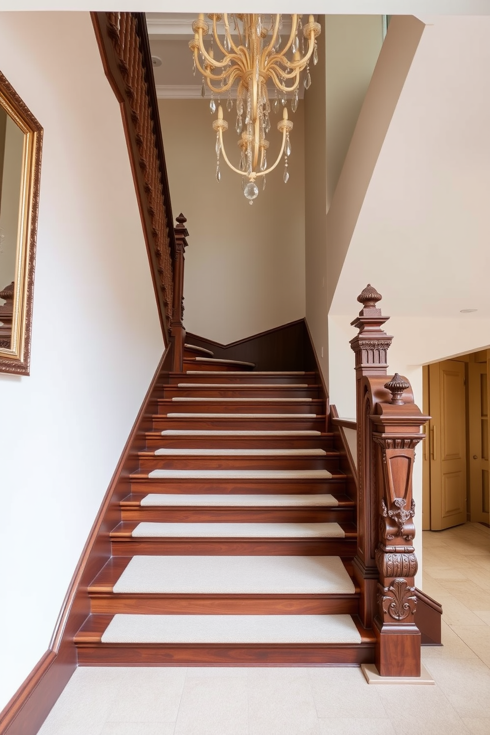 An elegant staircase with ornate carvings showcases intricate details on the banister and risers. The steps are finished in rich mahogany, and the walls are adorned with soft, neutral tones to enhance the staircase's grandeur. Bespoke staircase design ideas feature a combination of modern and classic elements. A stunning chandelier hangs above, illuminating the staircase and creating a warm, inviting atmosphere.