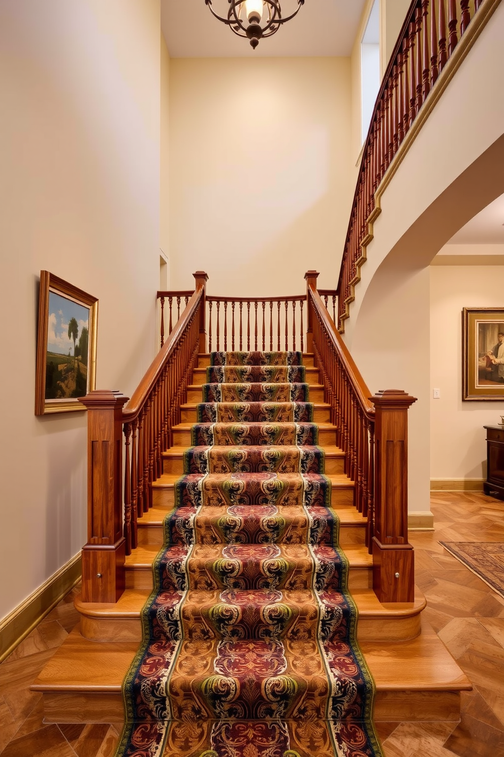 A grand staircase featuring a luxurious patterned carpet runner that adds warmth and elegance to the space. The balustrade is crafted from polished wood, complementing the rich tones of the runner and creating a stunning focal point in the entryway. The walls are adorned with tasteful artwork that enhances the overall aesthetic of the staircase. Soft, ambient lighting highlights the intricate details of the staircase design, inviting guests to ascend with style.