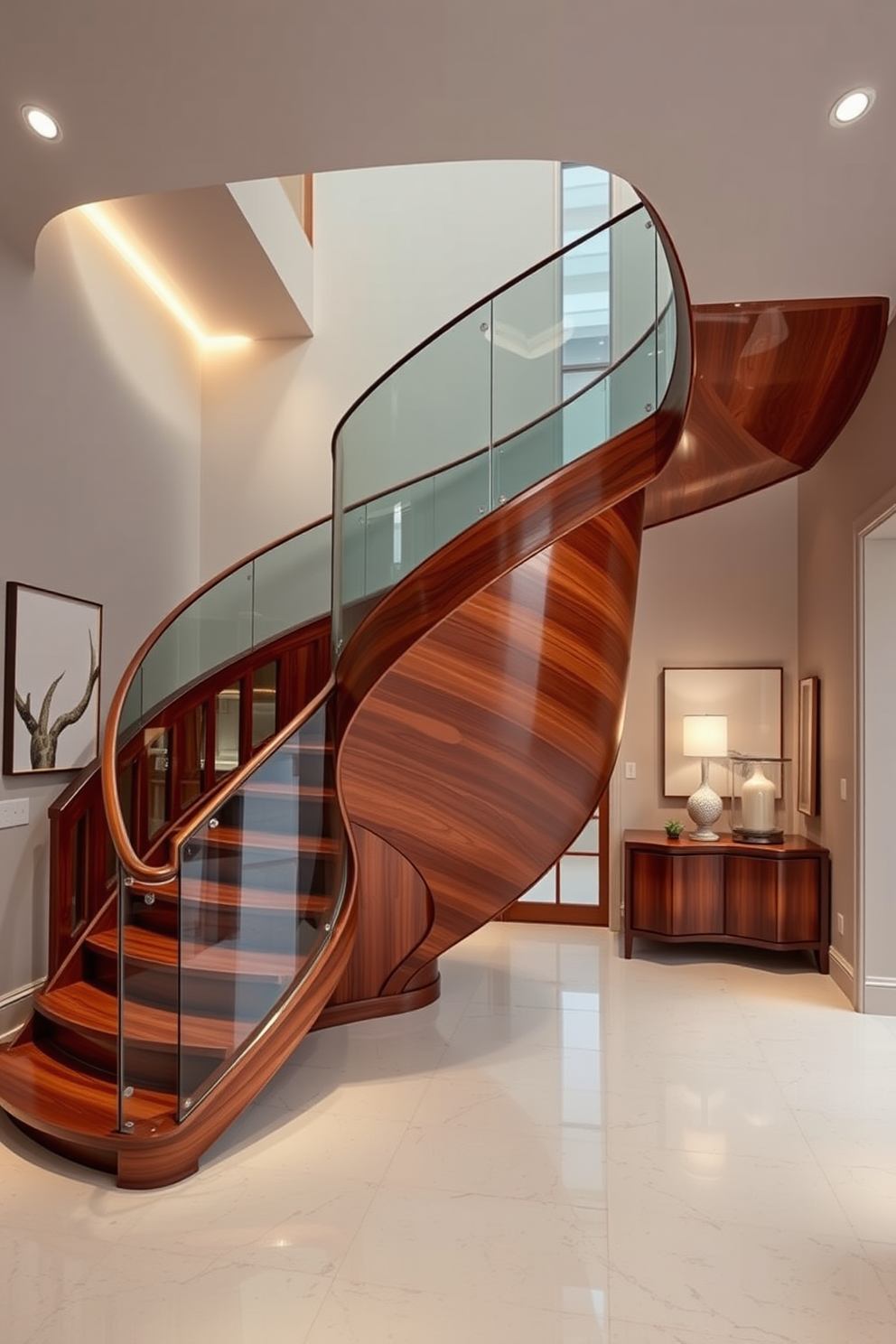 A sculptural staircase serves as a stunning focal point in a modern entryway. The staircase features flowing curves and intricate details, crafted from rich hardwood with a sleek glass railing that enhances its elegance. Surrounding the staircase, the walls are adorned with minimalist art pieces that complement the design. Soft, ambient lighting highlights the staircase's unique shape, creating a warm and inviting atmosphere.