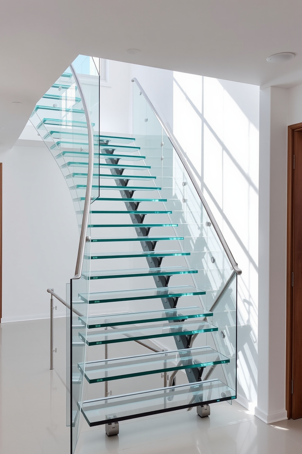 A stunning glass staircase featuring sleek lines and a minimalist design. The transparent steps create an illusion of space while allowing natural light to flow throughout the area. The staircase is supported by a sophisticated metal frame that adds an industrial touch. Surrounding the staircase, the walls are painted in a soft white, enhancing the modern aesthetic.