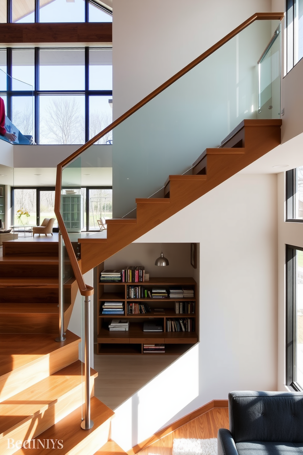 A stunning open concept staircase features sleek wooden steps that seamlessly blend into the surrounding living space. The balustrade is crafted from glass and stainless steel, providing an unobstructed view of the area below while adding a modern touch. The staircase is illuminated by natural light streaming through large windows, creating a warm and inviting atmosphere. Underneath the stairs, a cozy reading nook with built-in shelves offers a perfect retreat for relaxation.