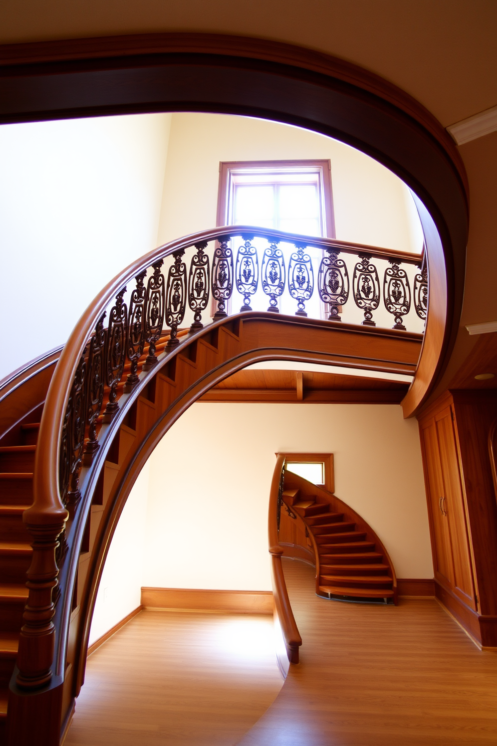 A stunning curved wooden staircase gracefully sweeps upwards, featuring an intricate balustrade that showcases exquisite craftsmanship. The warm tones of the wood complement the elegant design, creating a focal point that enhances the overall aesthetic of the space.