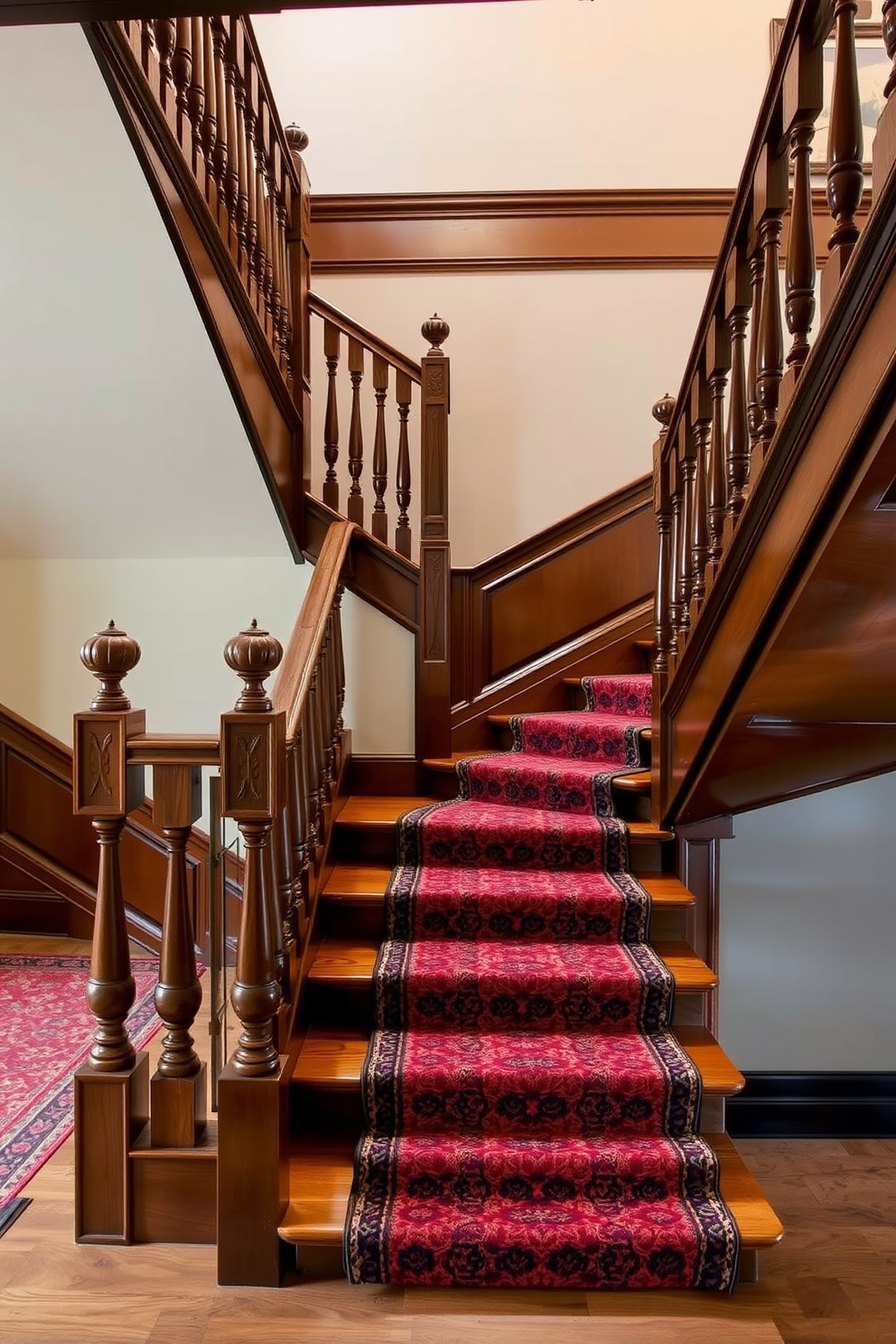 A vintage staircase with intricate wooden railings and ornate balusters showcases antique finishes that reflect timeless elegance. The steps are adorned with a rich, patterned runner that complements the warm tones of the polished wood. Bespoke staircase design ideas emphasize unique craftsmanship and personalized details. Each element, from the hand-carved newel posts to the custom lighting fixtures, contributes to a stunning focal point in the home.