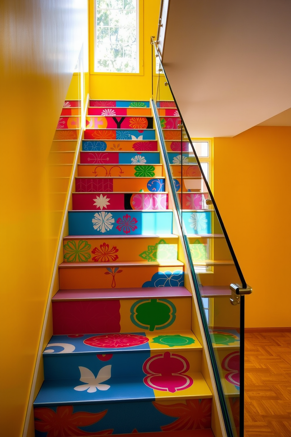 A bold colored staircase features vibrant hues and playful patterns that create a striking visual impact. Each step is adorned with unique designs that invite creativity and fun into the space. The staircase is framed by a sleek glass railing, enhancing the modern aesthetic while allowing the colors to shine. Natural light floods the area, highlighting the artistic elements and making the staircase a stunning focal point in the home.