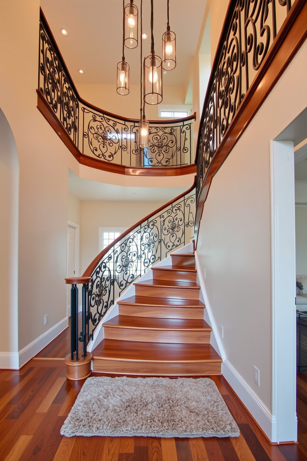 A stunning staircase features a unique railing design made of wrought iron with intricate patterns that complement the overall aesthetic. The steps are crafted from rich hardwood, showcasing a polished finish that reflects the ambient light beautifully. The staircase is illuminated by a series of pendant lights that hang gracefully from the ceiling, casting a warm glow. A plush runner rug in a contrasting color adds a touch of elegance and comfort underfoot.