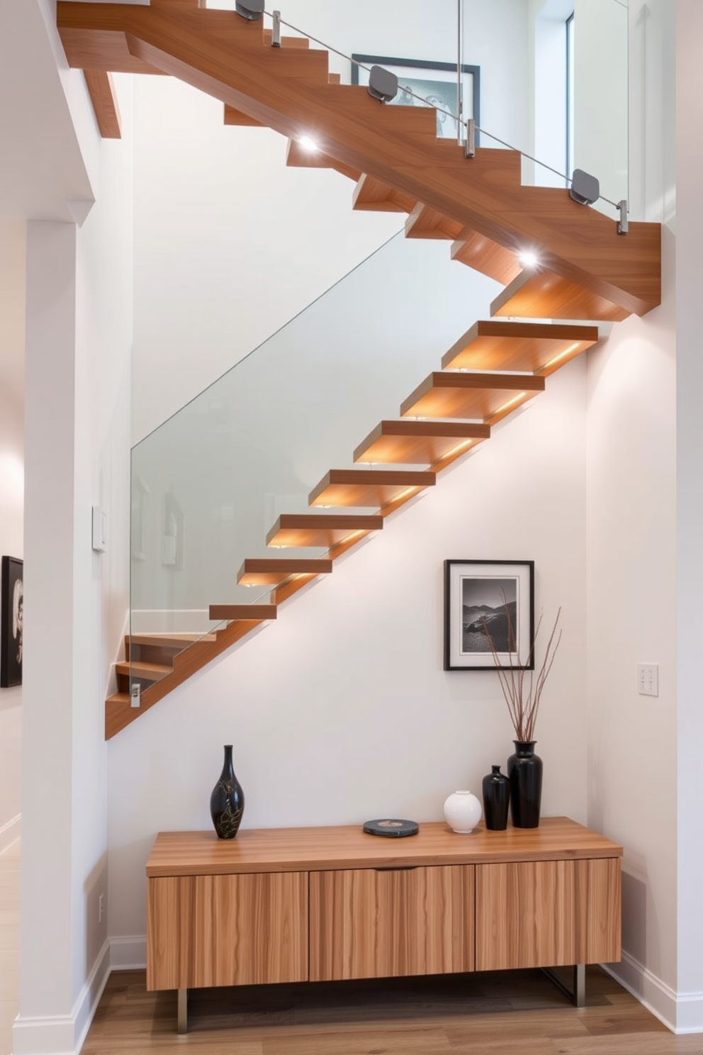 A modern staircase with an asymmetric layout features sleek wooden steps that appear to float in mid-air. The railings are made of glass, providing an unobstructed view of the surrounding space, while the walls are adorned with contemporary art pieces. The staircase is illuminated by strategically placed LED lights that highlight its unique angles. Below, a minimalist console table holds decorative items, enhancing the overall aesthetic of the entryway.