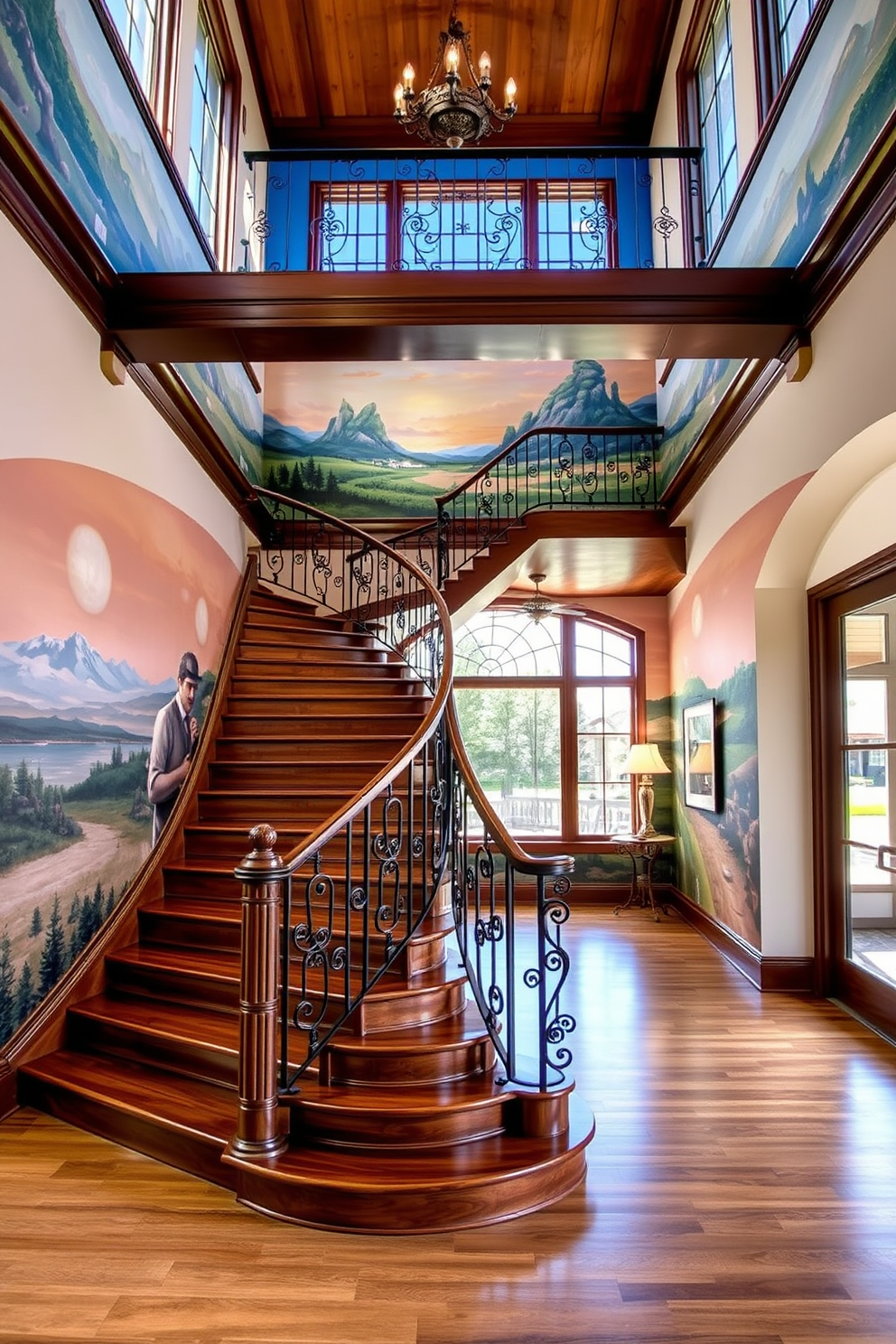 A stunning staircase features artistic wall murals that create a vibrant focal point in the entryway. The staircase itself is crafted from rich hardwood, with elegant wrought iron railings that complement the artistic elements on the walls. The murals depict a serene landscape, enhancing the overall ambiance of the space. Natural light floods in through large windows, illuminating the intricate details of both the staircase and the artwork.