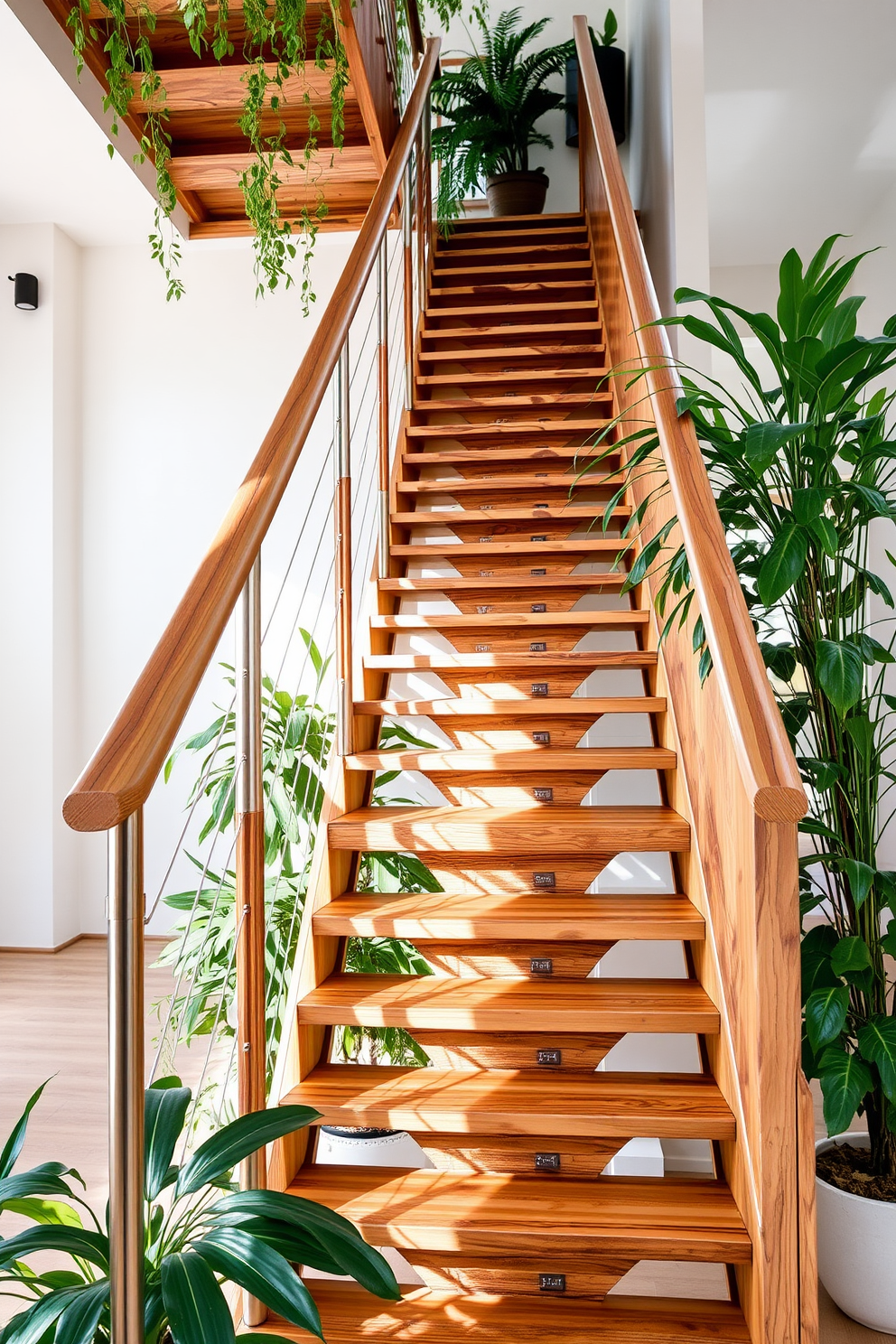 A stunning eco-friendly staircase crafted from reclaimed wood and bamboo showcases the beauty of sustainable materials. The design features open risers that allow natural light to filter through, creating an airy and inviting atmosphere. The handrail is made from polished metal with a matte finish, complementing the warm tones of the wood. Surrounding the staircase, indoor plants are strategically placed to enhance the natural aesthetic and improve air quality.