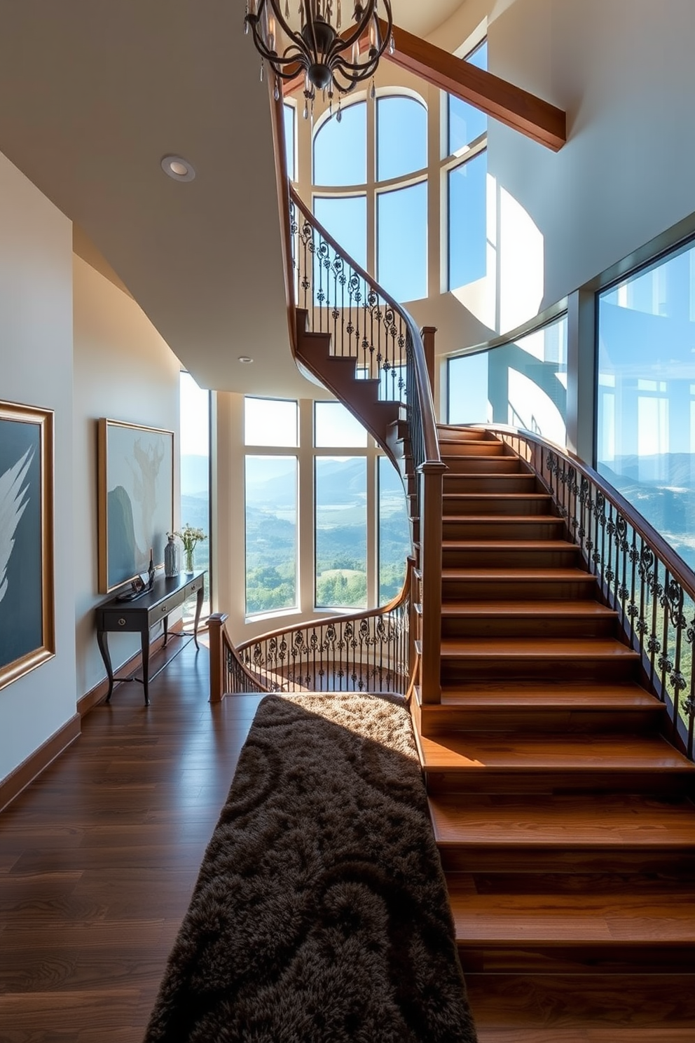 A stunning staircase design featuring a bespoke wooden staircase with intricate railings. The staircase is illuminated by natural light streaming through a large panoramic window, showcasing breathtaking views of the surrounding landscape. The walls are adorned with elegant artwork that complements the staircase's design. A plush runner rug adds warmth and texture, guiding visitors up the stairs in style.