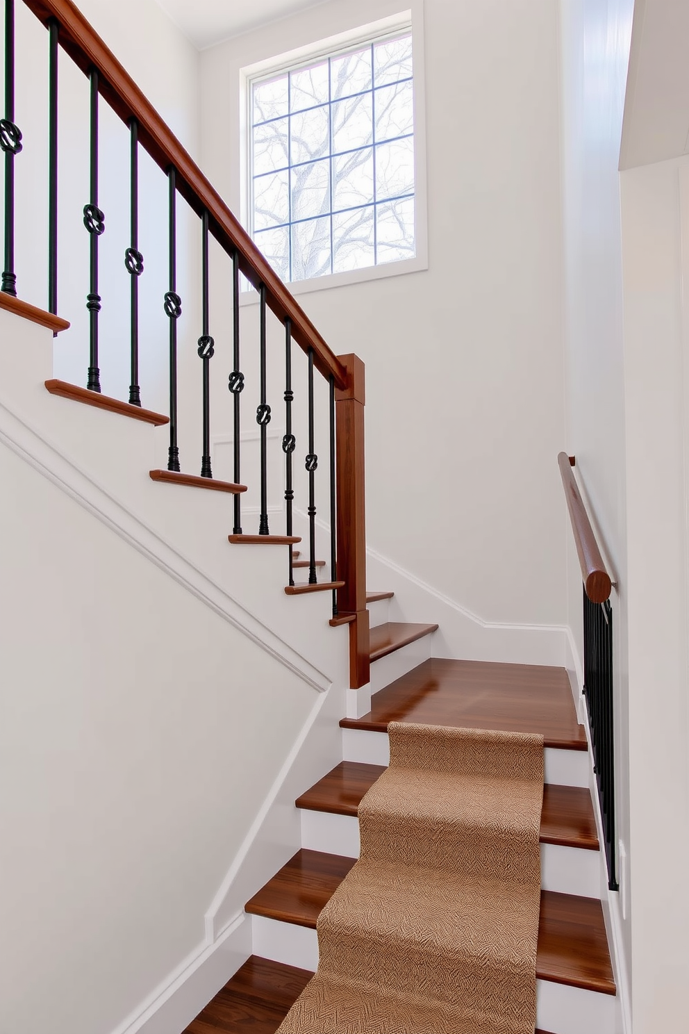 A transitional staircase that blends modern and traditional styles seamlessly. The staircase features a sleek wooden handrail paired with wrought iron balusters, creating a striking visual contrast. The steps are finished in a rich walnut stain, while the risers are painted in a crisp white for a fresh look. Natural light floods the space through a large window, highlighting the elegant runner that adds warmth and texture to the design.