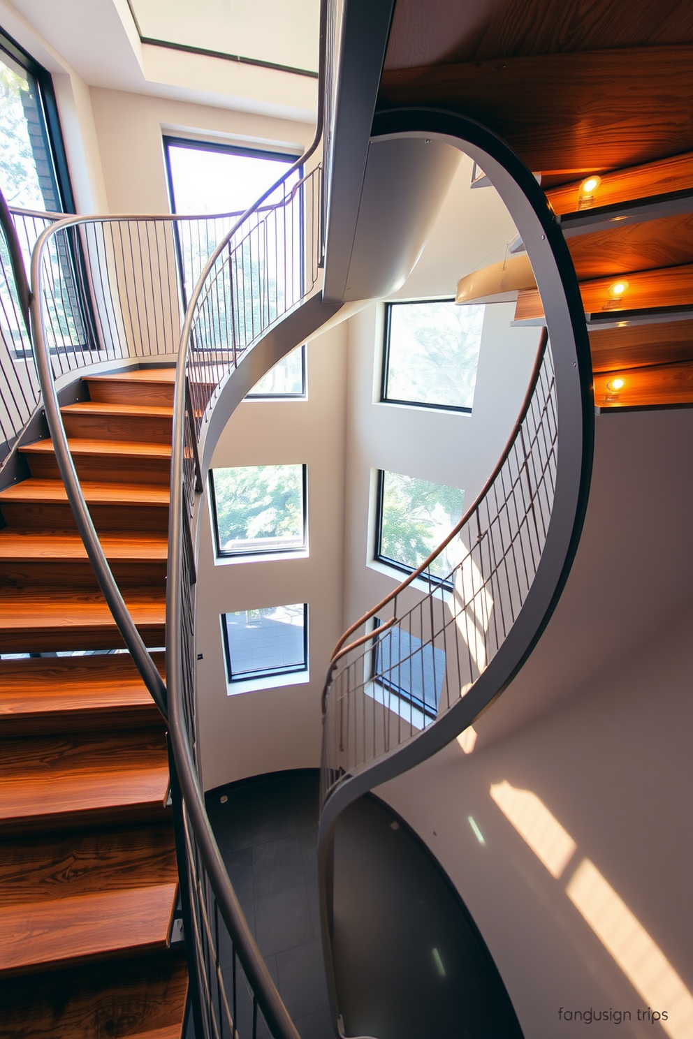 A stunning spiral staircase with sleek metal accents gracefully curves upwards. The staircase features a combination of polished wood steps and a contemporary metal railing that adds an industrial touch. The design incorporates ambient lighting that highlights the elegant lines of the staircase. Surrounding the staircase, large windows allow natural light to flood the space, creating a warm and inviting atmosphere.