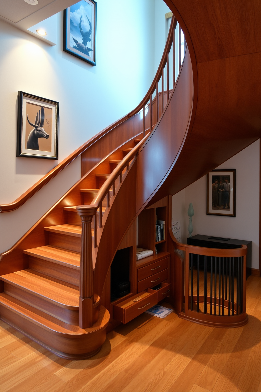 A stunning staircase design featuring hidden compartments seamlessly integrated into the structure. The staircase is crafted from rich hardwood, showcasing elegant curves and a polished finish, with discreet storage solutions built into the risers and under the steps. The surrounding walls are adorned with contemporary art pieces, enhancing the visual appeal of the space. Soft, ambient lighting highlights the staircase, creating an inviting atmosphere that blends functionality with modern aesthetics.