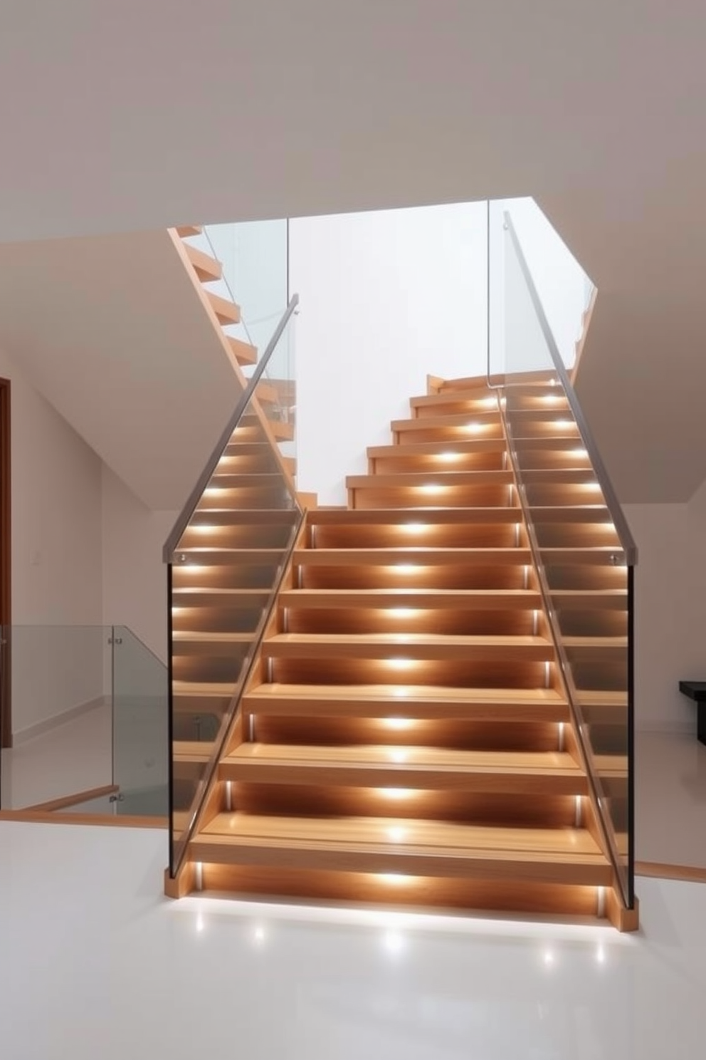 A stunning open riser staircase features sleek wooden treads and a minimalist design. LED lighting is integrated along the edges, casting a warm glow that highlights the staircase's elegant lines. The balustrade is made of glass, providing a seamless view and enhancing the airy feel of the space. This bespoke staircase design serves as a striking focal point in a modern home, combining functionality with artistic appeal.