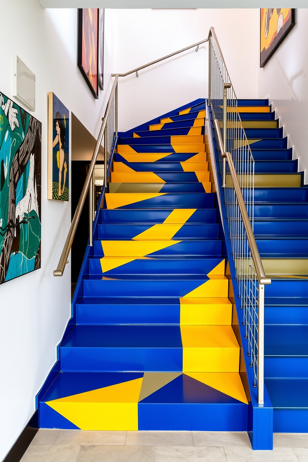 A striking geometric staircase features bold colors that create a dramatic focal point in the entryway. The steps are designed in varying shapes, with a mix of deep blues and vibrant yellows, complemented by sleek metal railings. The staircase's unique angles and patterns draw the eye upward, enhancing the sense of space and modernity. Surrounding the staircase, the walls are adorned with contemporary artwork that echoes the staircase's color palette.