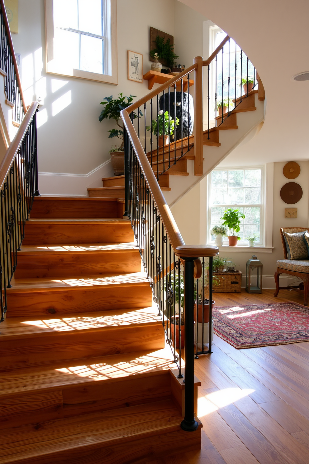 A rustic farmhouse staircase features reclaimed wood with a natural finish, showcasing the unique grain and texture of each step. The staircase is flanked by wrought iron railings, adding an elegant contrast to the warm wood tones. Sunlight streams in through a large window, casting soft shadows on the stairs and illuminating the space. Decorative elements like potted plants and vintage wall art complement the farmhouse aesthetic, creating a welcoming atmosphere.