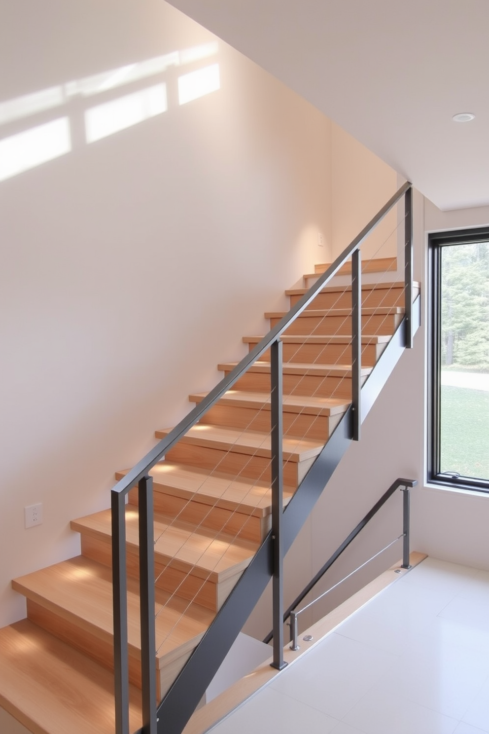 A minimalist staircase with a sleek metal frame leads elegantly from one level to another. The steps are made of light wood, creating a warm contrast against the cool metal railings. The staircase is illuminated by soft recessed lighting that highlights its clean lines. A large window nearby allows natural light to flood the space, enhancing the minimalist aesthetic.