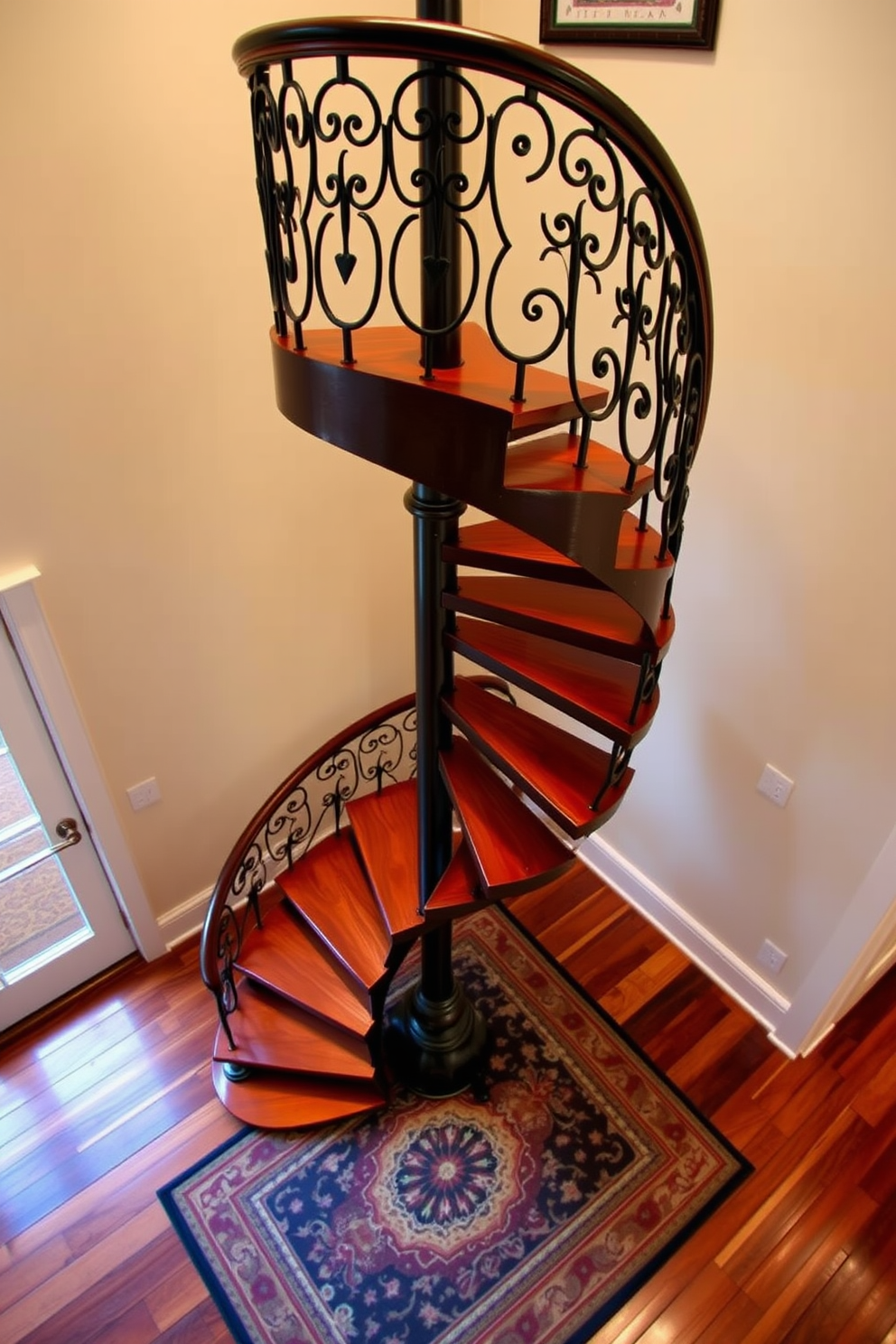 A classic spiral staircase with intricate wrought iron railings spirals elegantly upwards. The steps are crafted from rich hardwood, showcasing a polished finish that complements the surrounding decor. At the base, a decorative area rug adds warmth and color to the space. Soft ambient lighting highlights the staircase's curves, creating a stunning focal point in the room.